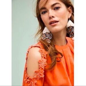NEW! ANTHROPOLOGIE ERI + ALI Jemima Cold Shoulder Coral Floral Linen Blouse XS